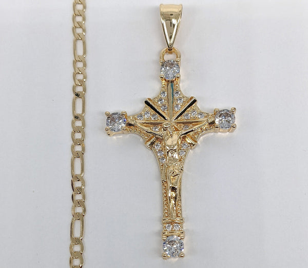 Plated Bling Cross 3mm Figaro Chain Necklace