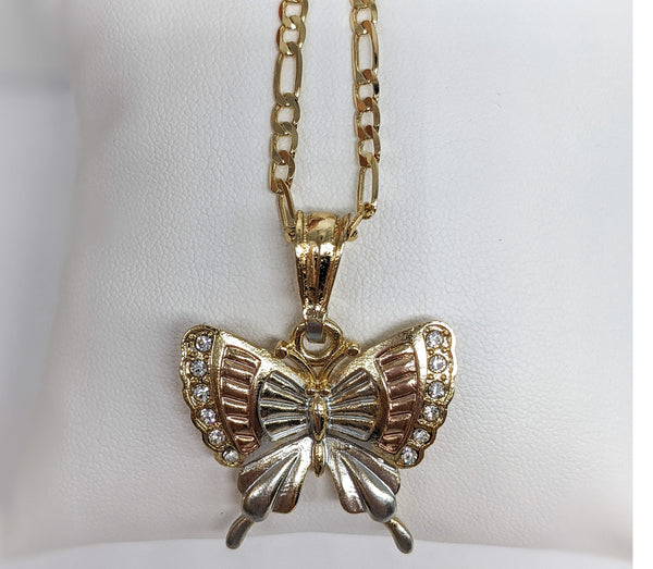 Plated Tri-Gold Butterfly Pendant and Figaro Chain Set