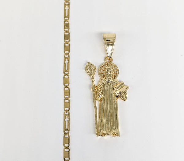 Plated Saint Benedict Pendant and Stainless Steel Chain Set