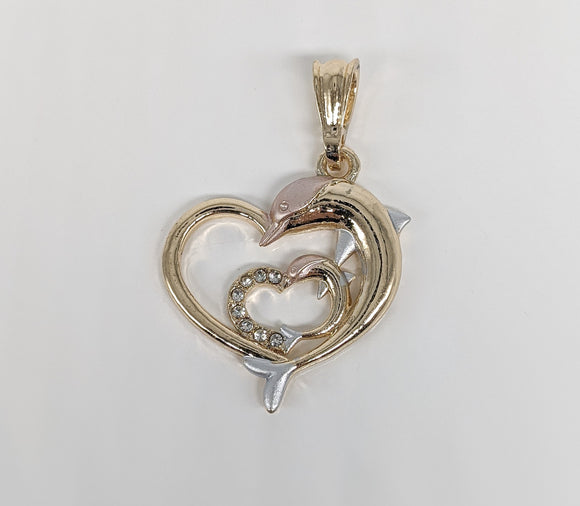Gold Plated Tri-Color Heart and Dolphin Pendant