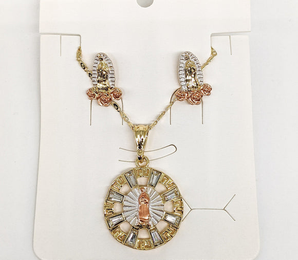 Plated Tri-Color Virgin Mary Earring and Necklace Set