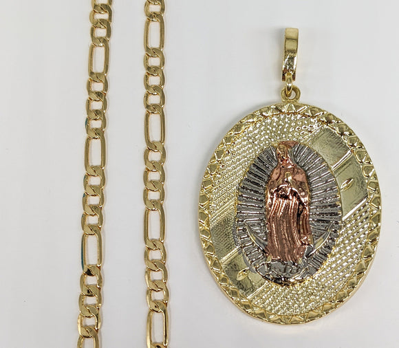 Plated Tri-Gold Virgin Mary Pendant and Chain Set