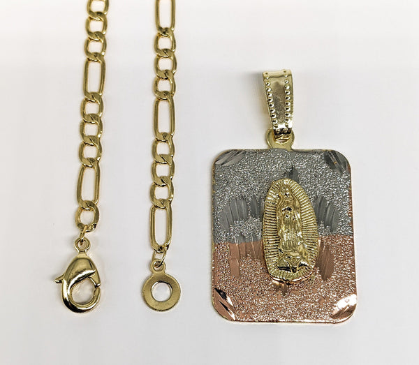 Plated Tri-Color Virgin Mary Pendant and Chain Set