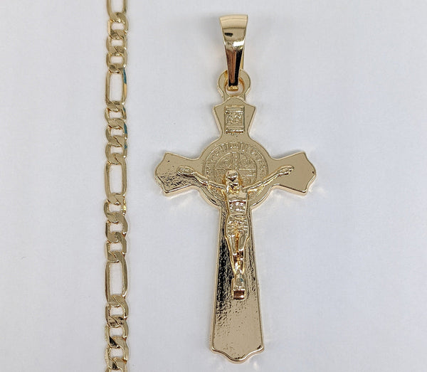 Plated Cross with Saint Benedict Pendant and Figaro Chain Set